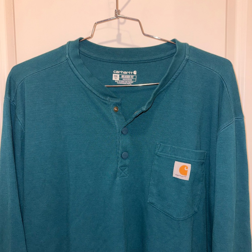 Carhartt 104429 Mens 2XL Tall Teal Henley Shirt Long Sleeve Relaxed Fit Pocket